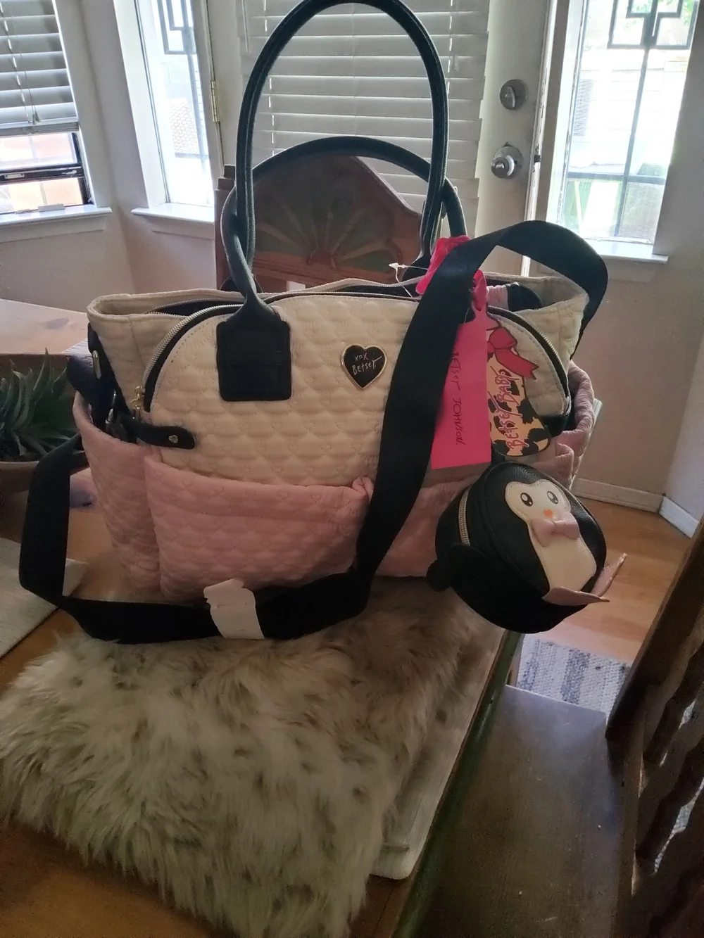 Betsey Johnson Quilted Pink and White Baby Bag with Penguin Pouch